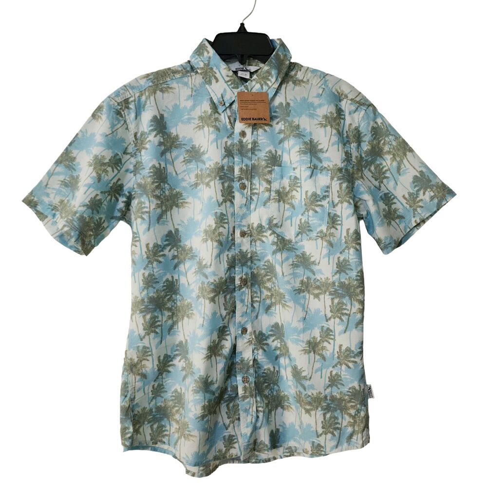 NWT Eddie Bauer Mens M Baja Short Sleeve Button Shirt Green Blue Tropical Cotton